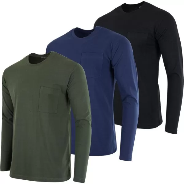 Real Essentials 3 Pack Mens Cotton Performance Long Sleeve Crew Neck Pocket TShirt Athletic Top Available in Big amp TallStandard Set 3