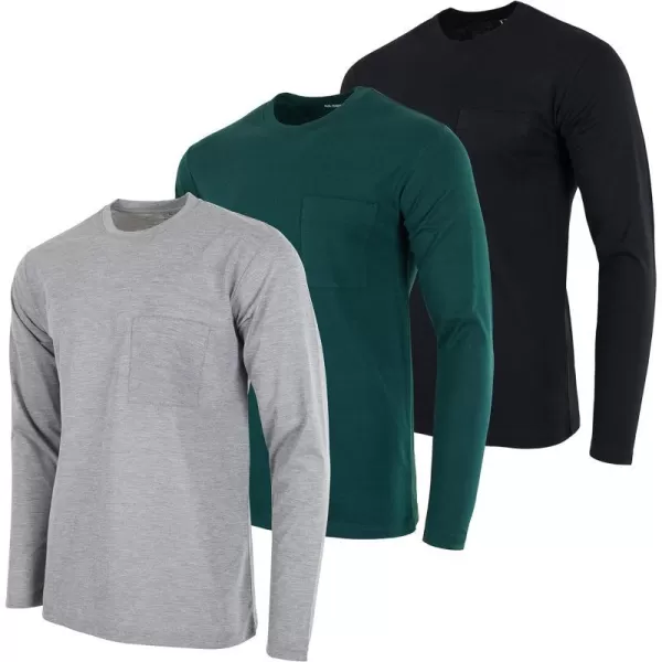 Real Essentials 3 Pack Mens Cotton Performance Long Sleeve Crew Neck Pocket TShirt Athletic Top Available in Big amp TallStandard Set 4