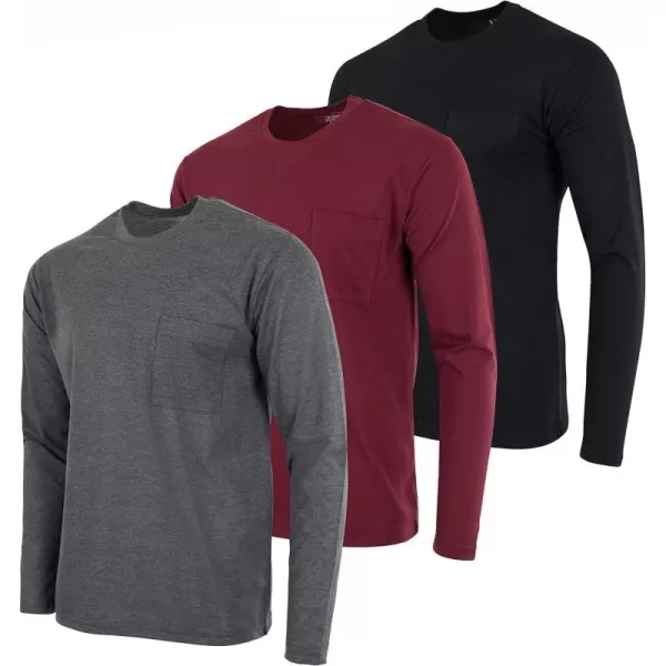 Real Essentials 3 Pack Mens Cotton Performance Long Sleeve Crew Neck Pocket TShirt Athletic Top Available in Big amp TallStandard Set 5