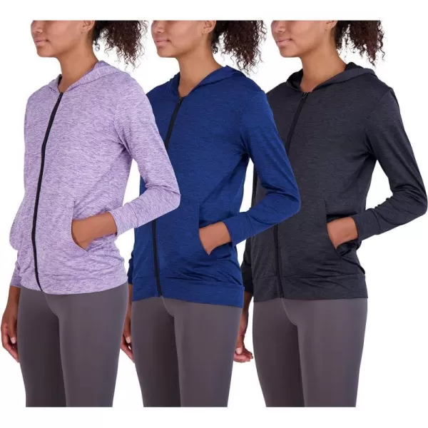 Real Essentials 3 Pack Womens DryFit Long Sleeve Quarter Zip  Full Zip Up Hoodie Workout Jacket Available in PlusSet 3