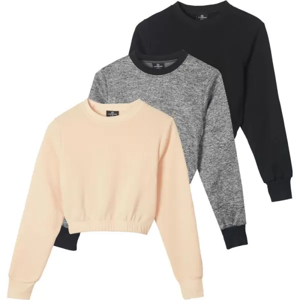 Real Essentials 3 Pack Womens Fleece Cropped Sweatshirt  Long Sleeve Crew Neck Crop Top Available in Plus SizeStandard Set 5