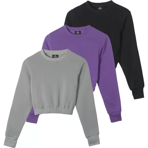 Real Essentials 3 Pack Womens Fleece Cropped Sweatshirt  Long Sleeve Crew Neck Crop Top Available in Plus SizeStandard Set 6