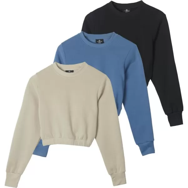 Real Essentials 3 Pack Womens Fleece Cropped Sweatshirt  Long Sleeve Crew Neck Crop Top Available in Plus SizeStandard Set 7