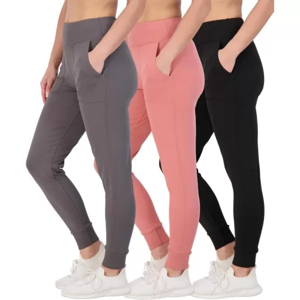 Real Essentials 3 Pack Womens Joggers with Pockets  High Waist Workout Yoga Tapered Sweatpants Lounge Available in PlusPlusSize Set 1