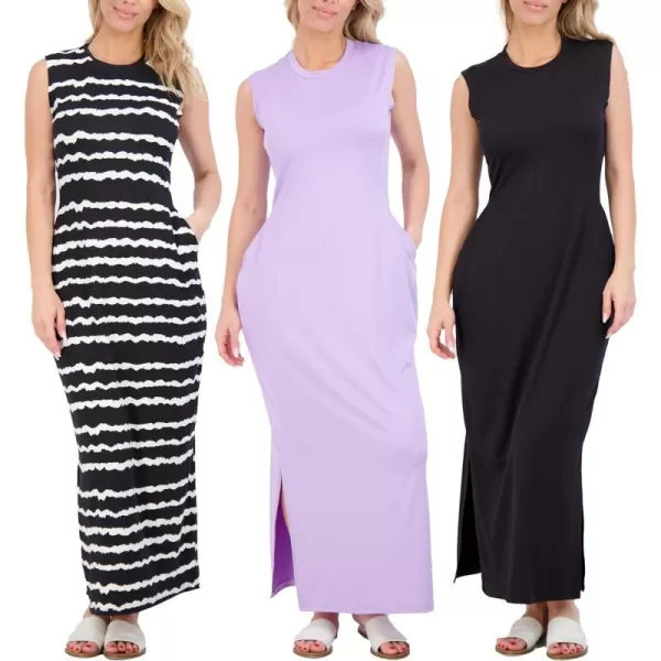 Real Essentials 3 Pack Womens Long Tank Maxi TShirt Summer Casual Dress with Pockets Available in Plus SizeSet 1