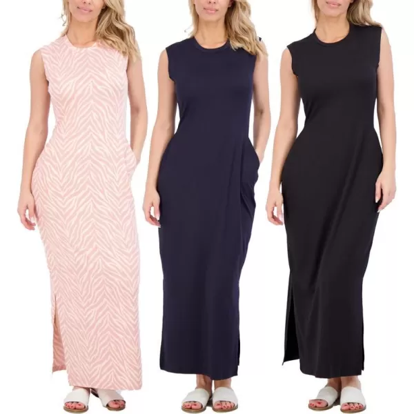 Real Essentials 3 Pack Womens Long Tank Maxi TShirt Summer Casual Dress with Pockets Available in Plus SizeSet 2