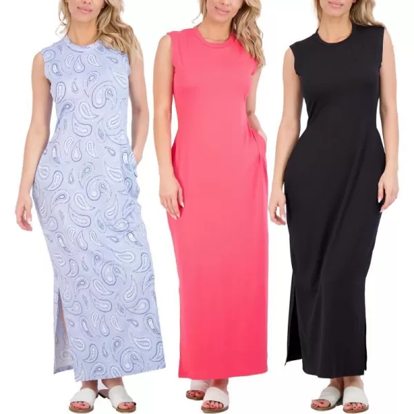 Real Essentials 3 Pack Womens Long Tank Maxi TShirt Summer Casual Dress with Pockets Available in Plus SizeSet 4