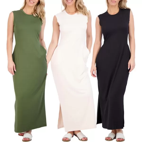 Real Essentials 3 Pack Womens Long Tank Maxi TShirt Summer Casual Dress with Pockets Available in Plus SizeSet 7