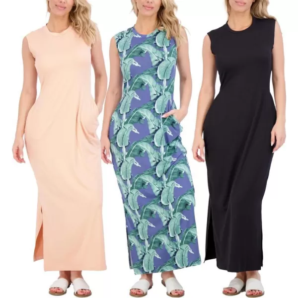 Real Essentials 3 Pack Womens Long Tank Maxi TShirt Summer Casual Dress with Pockets Available in Plus SizeSet 8