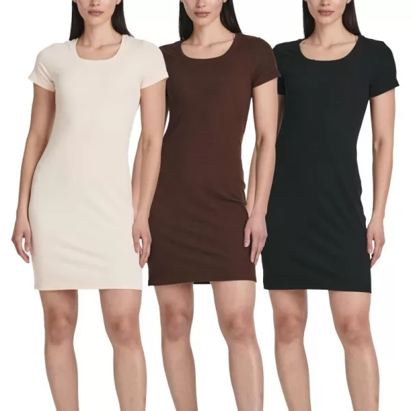 Real Essentials 3 Pack Womens Mini Short Sleeve Ribbed Scoop Neck Casual TShirt DressSet 1