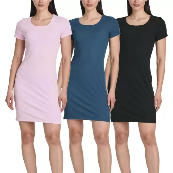 Real Essentials 3 Pack Womens Mini Short Sleeve Ribbed Scoop Neck Casual TShirt DressSet 7