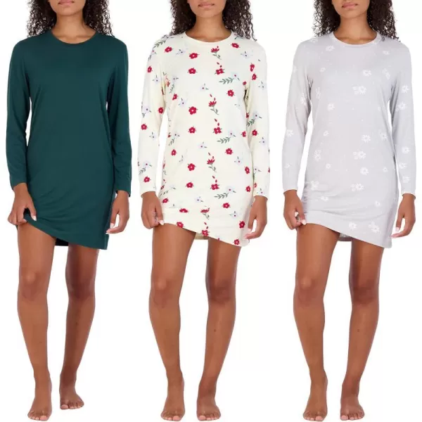 Real Essentials 3 Pack Womens Nightshirt Long Sleeve UltraSoft Print Nightgown Sleep Dress Available In Plus SizePlus Size Set 7