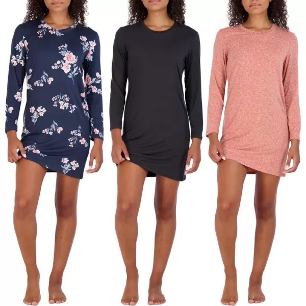 Real Essentials 3 Pack Womens Nightshirt Long Sleeve UltraSoft Print Nightgown Sleep Dress Available In Plus SizePlus Size Set 8