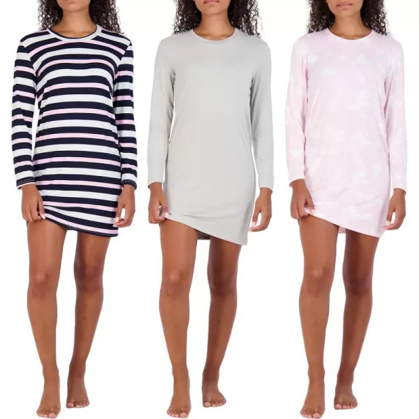 Real Essentials 3 Pack Womens Nightshirt Long Sleeve UltraSoft Print Nightgown Sleep Dress Available In Plus SizeRegular Set 3