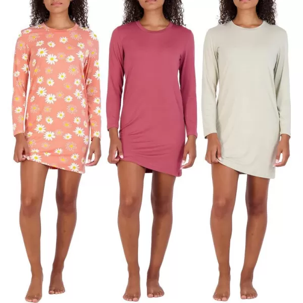 Real Essentials 3 Pack Womens Nightshirt Long Sleeve UltraSoft Print Nightgown Sleep Dress Available In Plus SizeRegular Set 4