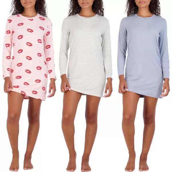 Real Essentials 3 Pack Womens Nightshirt Long Sleeve UltraSoft Print Nightgown Sleep Dress Available In Plus SizeRegular Set 6