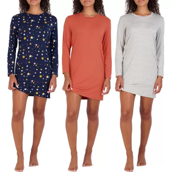 Real Essentials 3 Pack Womens Nightshirt Long Sleeve UltraSoft Print Nightgown Sleep Dress Available In Plus SizeSet 1