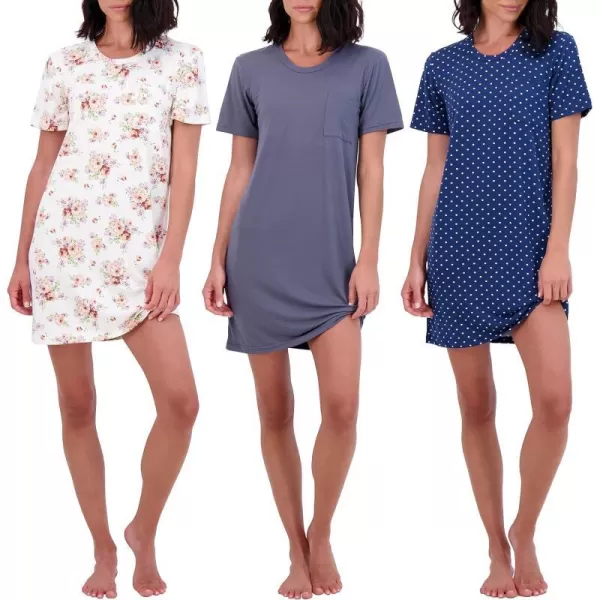 Real Essentials 3 Pack Womens Nightshirt Short Sleeve Soft Nightgown Sleep Dress With Pocket Available In Plus SizePlus Size Set 1