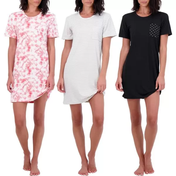 Real Essentials 3 Pack Womens Nightshirt Short Sleeve Soft Nightgown Sleep Dress With Pocket Available In Plus SizeStandard Set 3