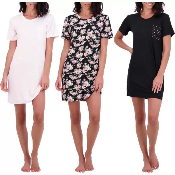 Real Essentials 3 Pack Womens Nightshirt Short Sleeve Soft Nightgown Sleep Dress With Pocket Available In Plus SizeStandard Set 5