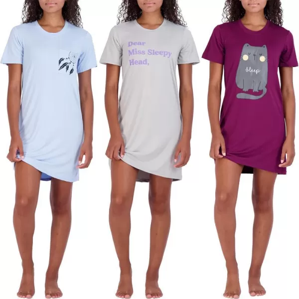 Real Essentials 3 Pack Womens Printed Nightshirt Short Sleeve UltraSoft Nightgown Sleep Dress Available In Plus SizePlus Size Set 3