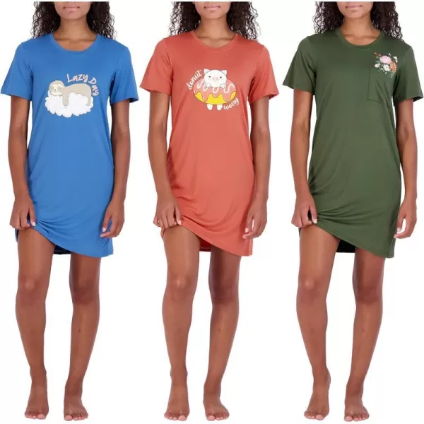 Real Essentials 3 Pack Womens Printed Nightshirt Short Sleeve UltraSoft Nightgown Sleep Dress Available In Plus SizePlus Size Set 5