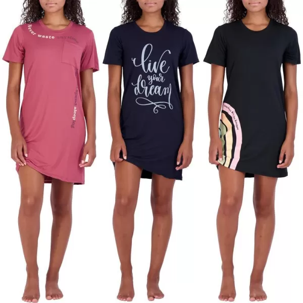 Real Essentials 3 Pack Womens Printed Nightshirt Short Sleeve UltraSoft Nightgown Sleep Dress Available In Plus SizeSet 1