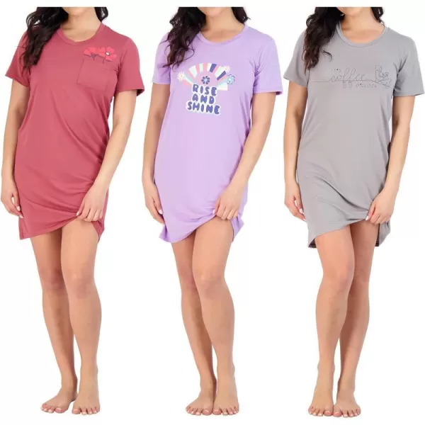 Real Essentials 3 Pack Womens Printed Nightshirt Short Sleeve UltraSoft Nightgown Sleep Dress Available In Plus SizeStandard Set 9