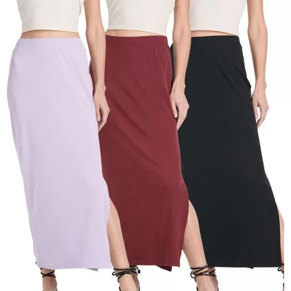 Real Essentials 3 Pack Womens Ribbed High Waisted Maxi Skirt with Side Slit  Casual Long SkirtSet 1