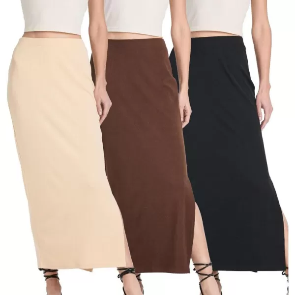 Real Essentials 3 Pack Womens Ribbed High Waisted Maxi Skirt with Side Slit  Casual Long SkirtSet 2