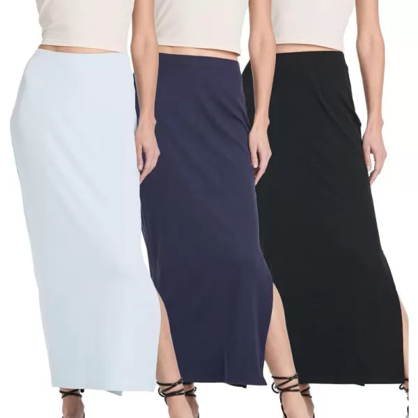 Real Essentials 3 Pack Womens Ribbed High Waisted Maxi Skirt with Side Slit  Casual Long SkirtSet 3