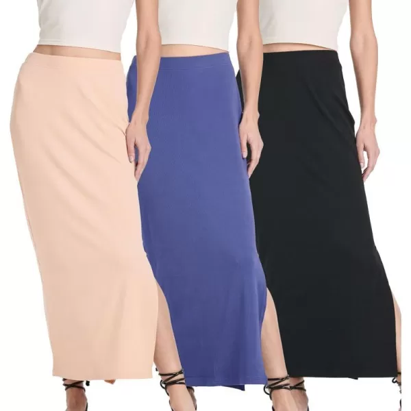 Real Essentials 3 Pack Womens Ribbed High Waisted Maxi Skirt with Side Slit  Casual Long SkirtSet 4