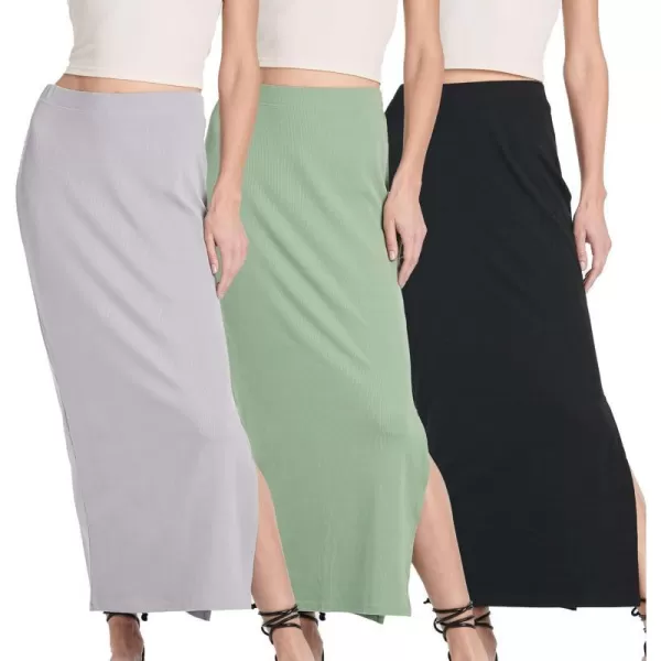 Real Essentials 3 Pack Womens Ribbed High Waisted Maxi Skirt with Side Slit  Casual Long SkirtSet 5