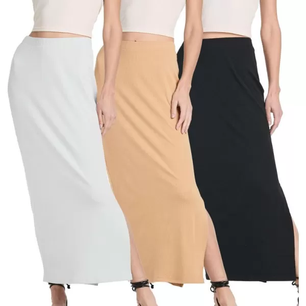 Real Essentials 3 Pack Womens Ribbed High Waisted Maxi Skirt with Side Slit  Casual Long SkirtSet 6