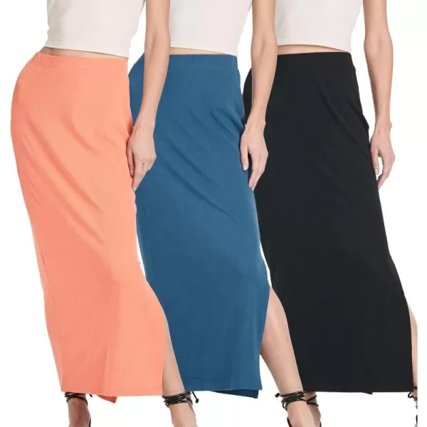 Real Essentials 3 Pack Womens Ribbed High Waisted Maxi Skirt with Side Slit  Casual Long SkirtSet 7