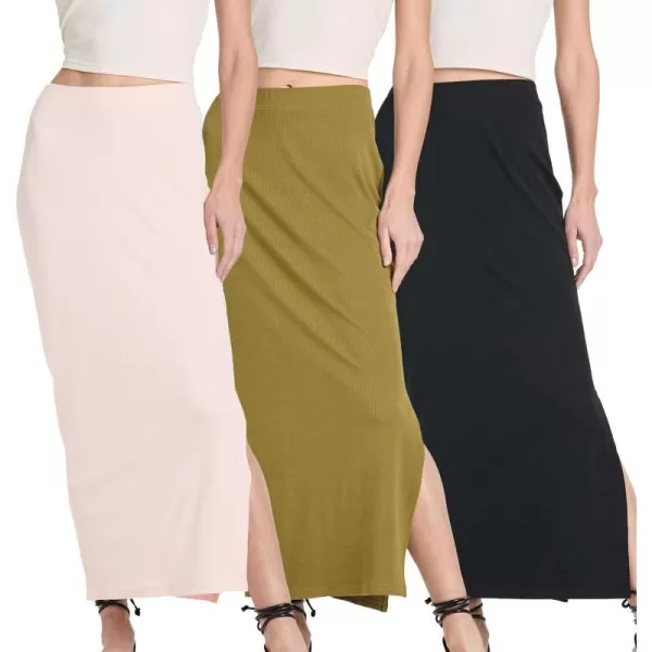 Real Essentials 3 Pack Womens Ribbed High Waisted Maxi Skirt with Side Slit  Casual Long SkirtSet 8