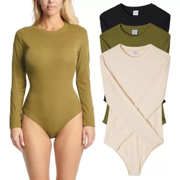 Real Essentials 3 Pack Womens Round Neck Long Sleeve Ribbed Bodysuit Shirt Tops Available in Plus SizePlus Set 1