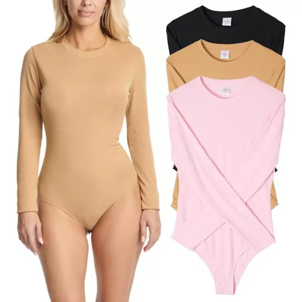 Real Essentials 3 Pack Womens Round Neck Long Sleeve Ribbed Bodysuit Shirt Tops Available in Plus SizePlus Set 2