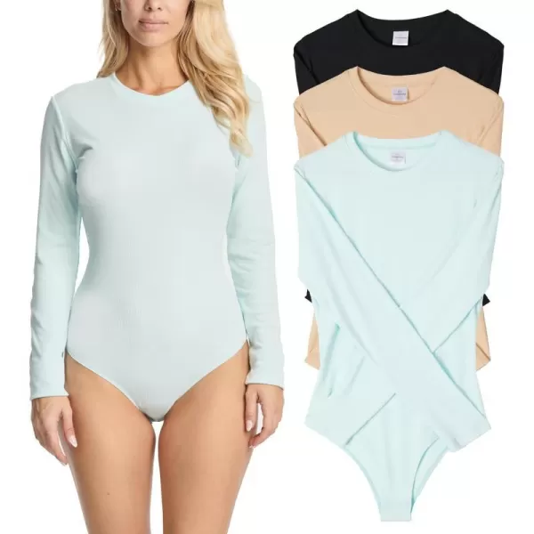 Real Essentials 3 Pack Womens Round Neck Long Sleeve Ribbed Bodysuit Shirt Tops Available in Plus SizePlus Set 7