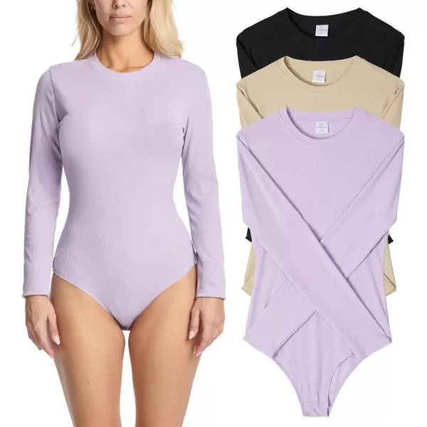 Real Essentials 3 Pack Womens Round Neck Long Sleeve Ribbed Bodysuit Shirt Tops Available in Plus SizeSet 3