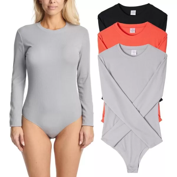 Real Essentials 3 Pack Womens Round Neck Long Sleeve Ribbed Bodysuit Shirt Tops Available in Plus SizeSet 4