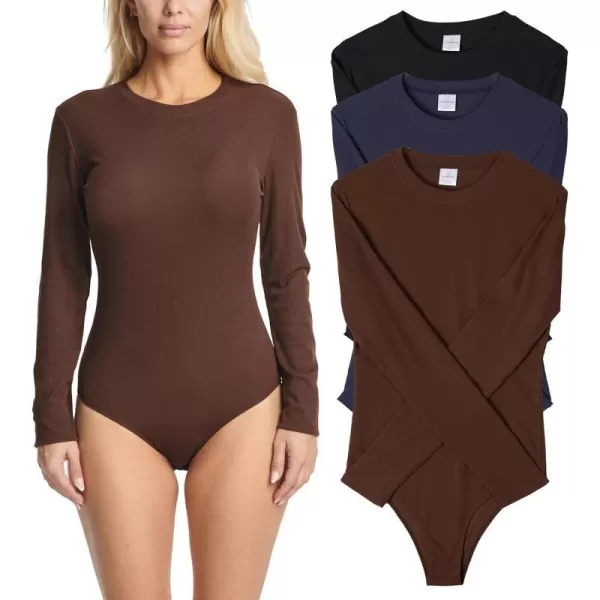 Real Essentials 3 Pack Womens Round Neck Long Sleeve Ribbed Bodysuit Shirt Tops Available in Plus SizeSet 5