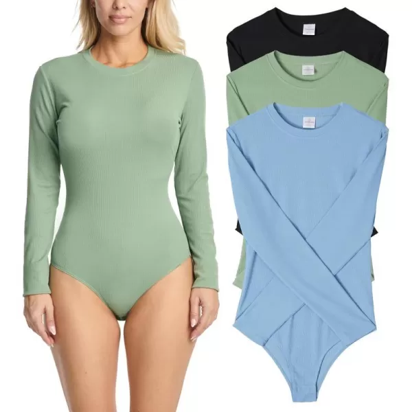 Real Essentials 3 Pack Womens Round Neck Long Sleeve Ribbed Bodysuit Shirt Tops Available in Plus SizeSet 6