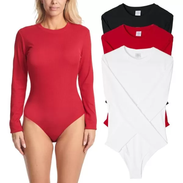 Real Essentials 3 Pack Womens Round Neck Long Sleeve Ribbed Bodysuit Shirt Tops Available in Plus SizeSet 8