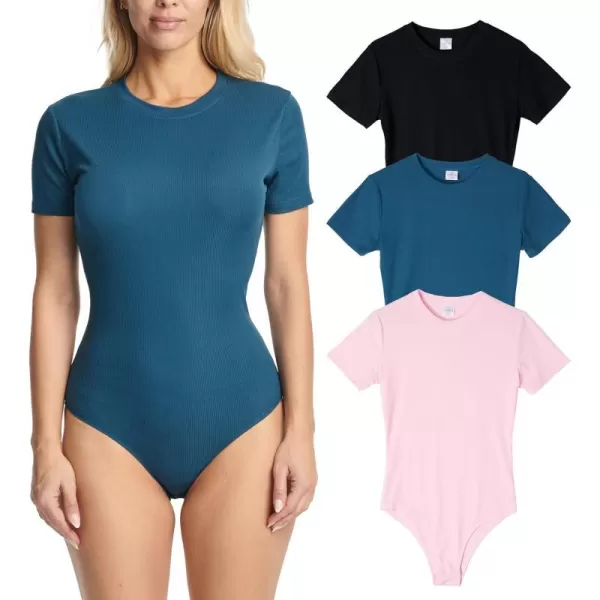 Real Essentials 3 Pack Womens Round Neck Short Sleeve Ribbed Shapewear Bodysuit Shirt Tops  Available in Plus SizePlus Size Set 2