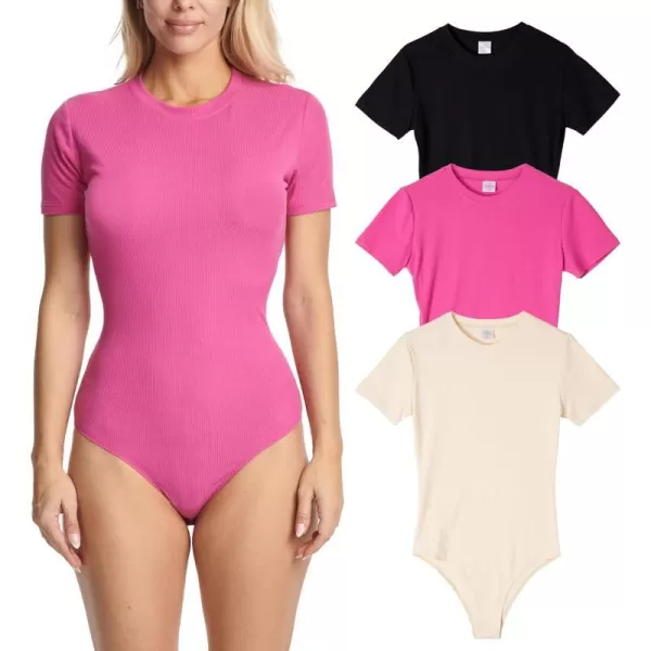 Real Essentials 3 Pack Womens Round Neck Short Sleeve Ribbed Shapewear Bodysuit Shirt Tops  Available in Plus SizePlus Size Set 3