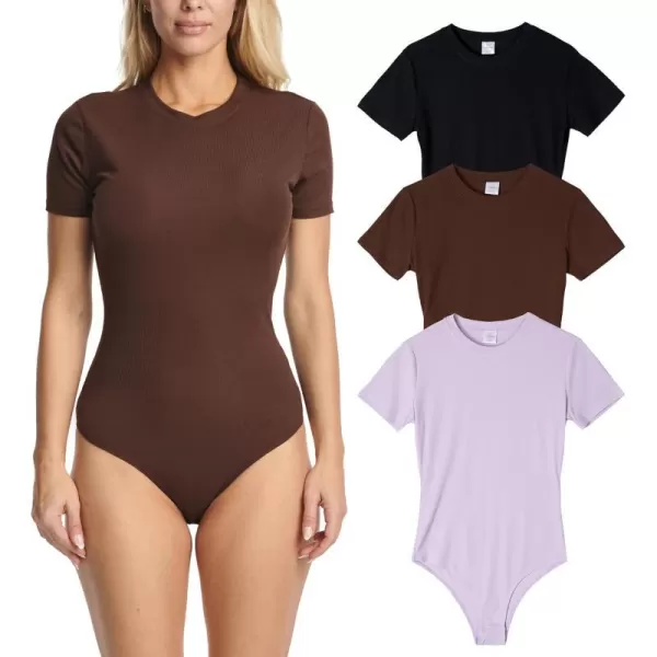 Real Essentials 3 Pack Womens Round Neck Short Sleeve Ribbed Shapewear Bodysuit Shirt Tops  Available in Plus SizePlus Size Set 7