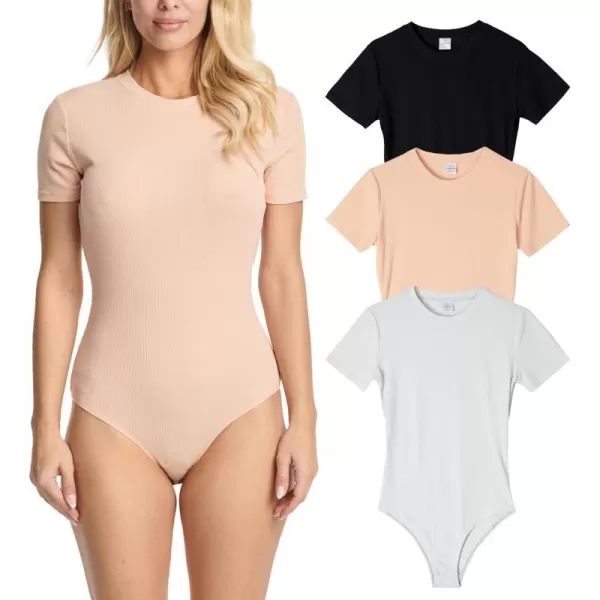 Real Essentials 3 Pack Womens Round Neck Short Sleeve Ribbed Shapewear Bodysuit Shirt Tops  Available in Plus SizePlus Size Set 8