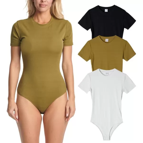 Real Essentials 3 Pack Womens Round Neck Short Sleeve Ribbed Shapewear Bodysuit Shirt Tops  Available in Plus SizeRegular Size Set 4