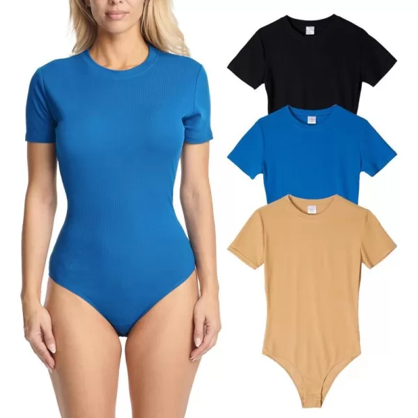 Real Essentials 3 Pack Womens Round Neck Short Sleeve Ribbed Shapewear Bodysuit Shirt Tops  Available in Plus SizeSet 1